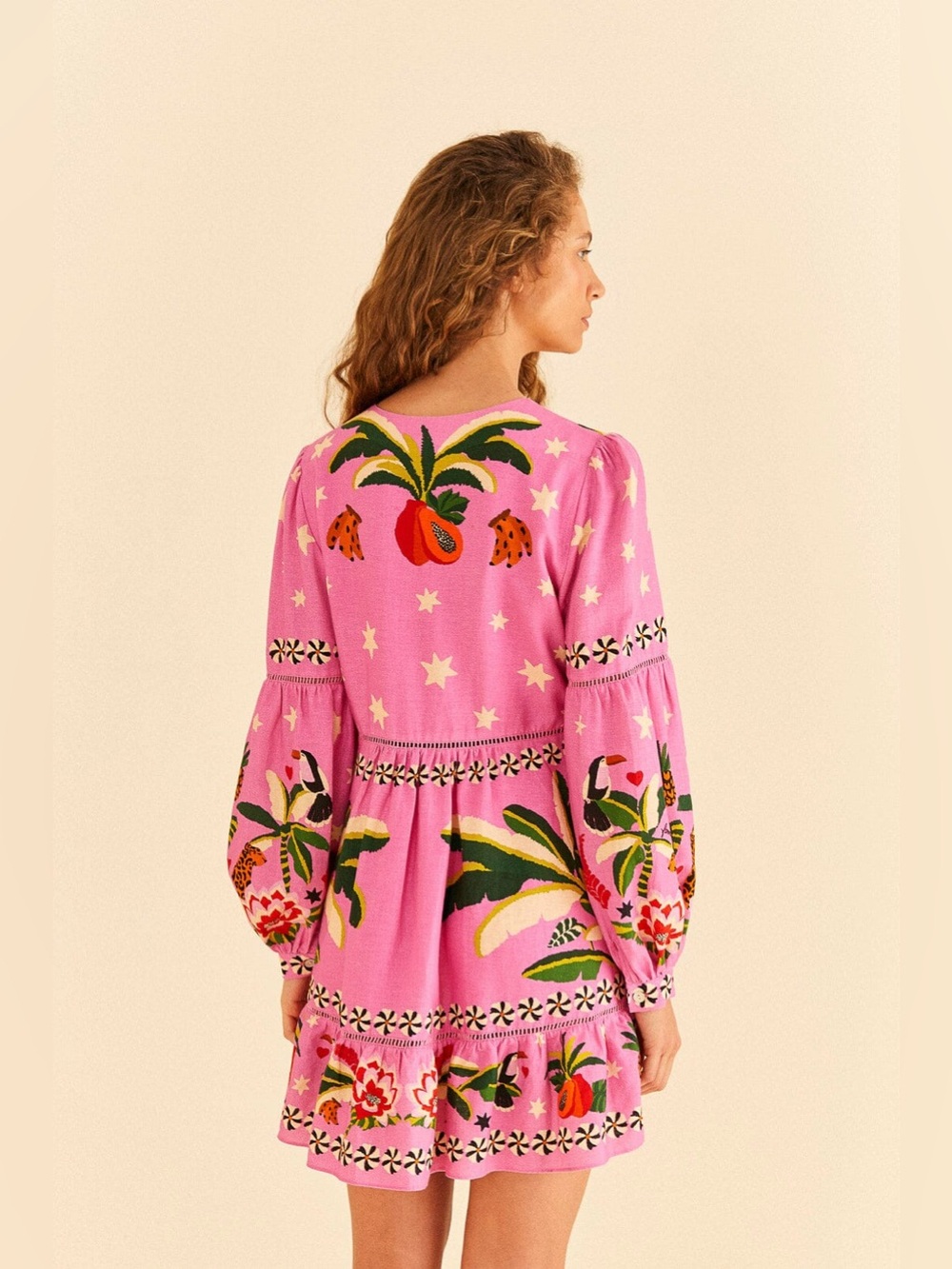 Farm Rio Leopard Forest Mini Dress XL Pink Linen Blend Tropical - Picture 3 of 16
